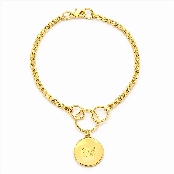 Pulseira Elo Português Pingente Fe Folheado a Ouro 18K