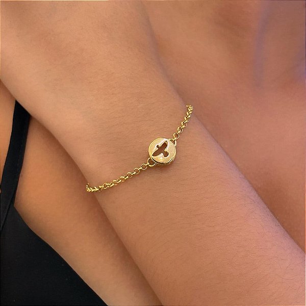 Pulseira Elo Português Pingente Redondo Cruz Vazado Folheado a Ouro 18K