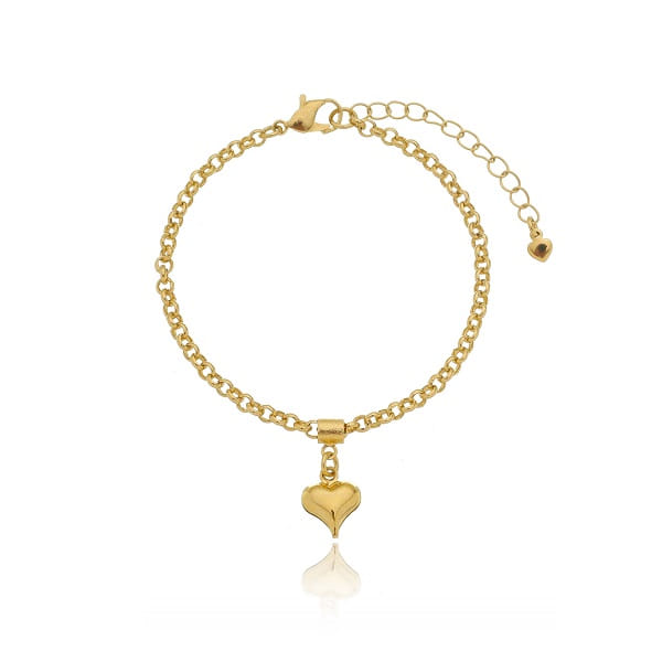 Pulseira Elo Português Coração Abaulado Passante Redondo Folheado a Ouro 18K