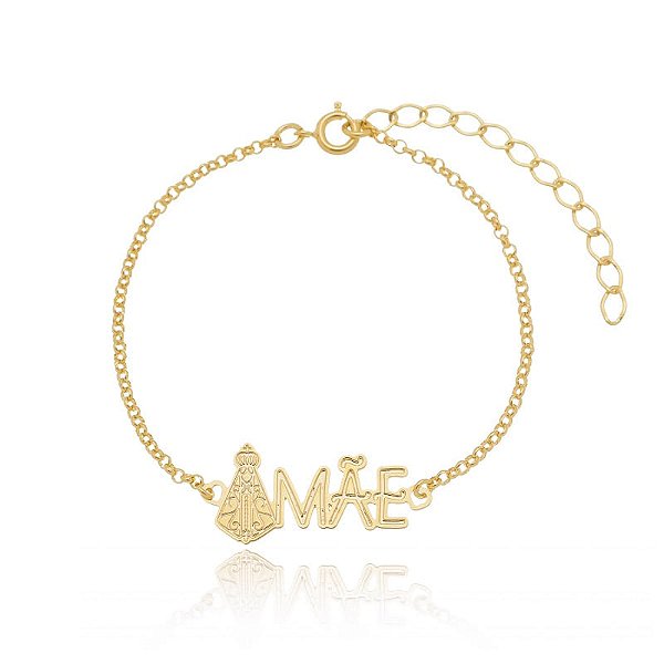 Pulseira Elo Português Nossa Senhora Aparecida Mãe Placa Folheado a Ouro 18K