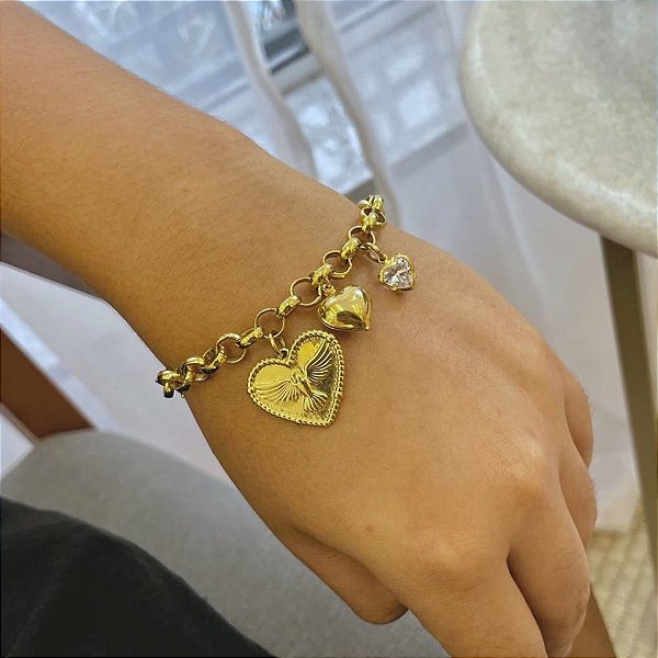 Pulseira Elo Portugues Pingente Corações Div Folheado a Ouro 18K