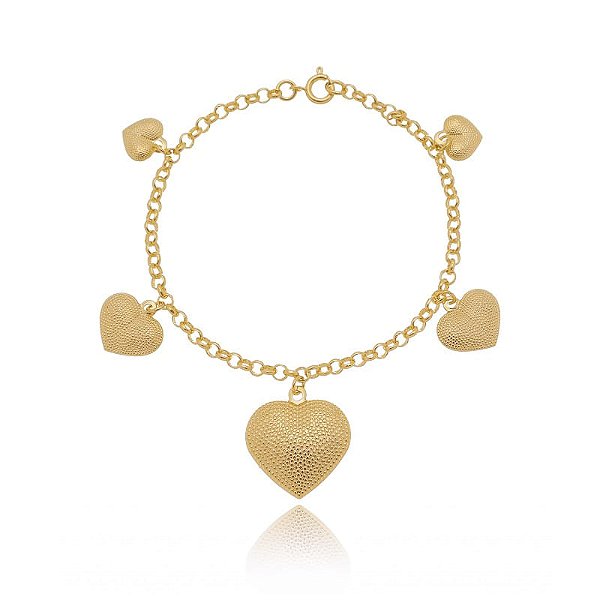 Pulseira Elo Português Pingentes Corações Granitados Folheado a Ouro 18K