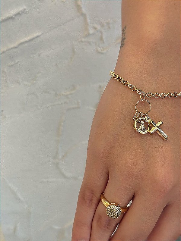 Pulseira Elo Português Pingentes Religiosos Folheado a Ouro 18K