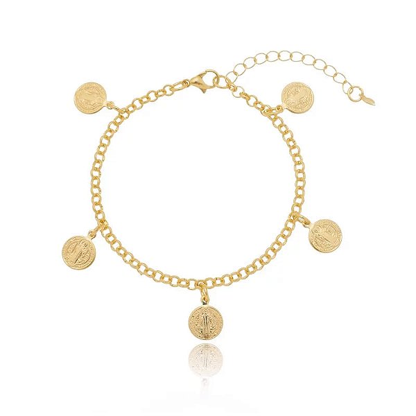 Pulseira Elo Portugues Pingentes São Bento Folheado a Ouro 18K