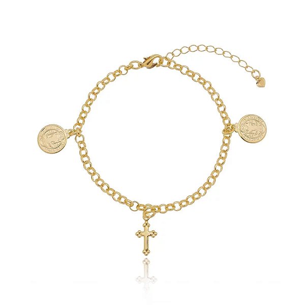 Pulseira Elo Português Pingentes São Bento E Cruz Folheado a Ouro 18K