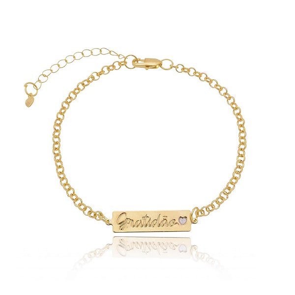 Pulseira Elo Português Placa Gratidão Folheado a Ouro 18K