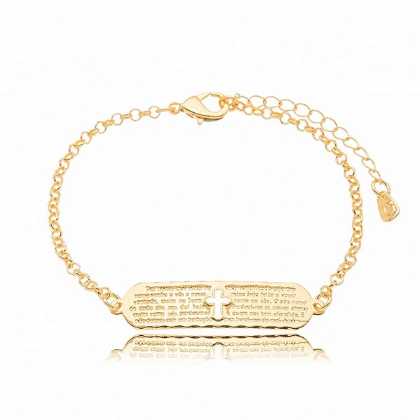 Pulseira Elo Português Placa Retangular Cruz Folheado a Ouro 18K
