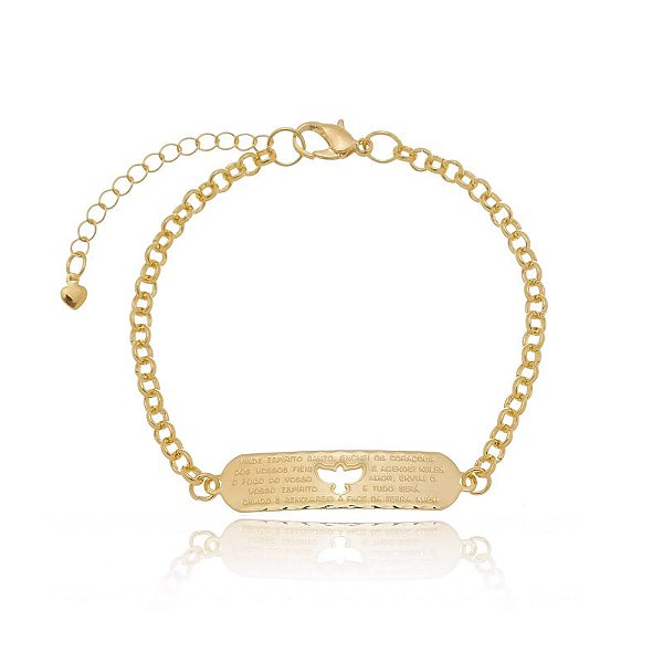Pulseira Elo Português Placa Retangular Espírito Santo Folheado a Ouro 18K