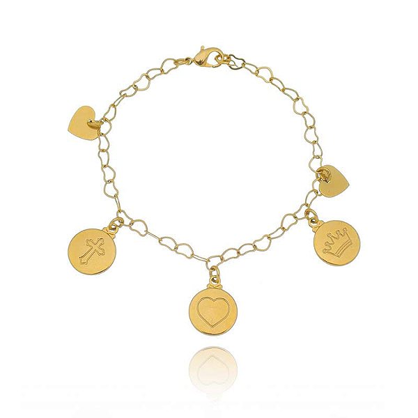 Pulseira Elos Corações Pingentes Medalhas Folheado a Ouro 18K