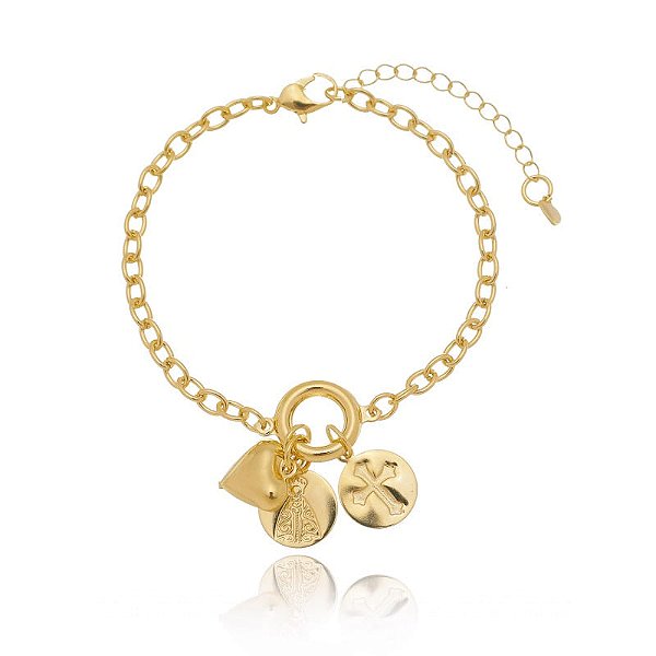 Pulseira Elos Ovais Pingentes Moedas Nossa Senhora Aparecida Cruz E Coração Folheado a Ouro 18K
