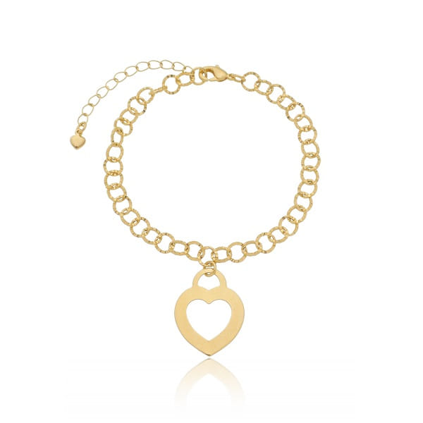Pulseira Elos Redondos Trabalhados Pingente Coração Cadeado Folheado a Ouro 18K