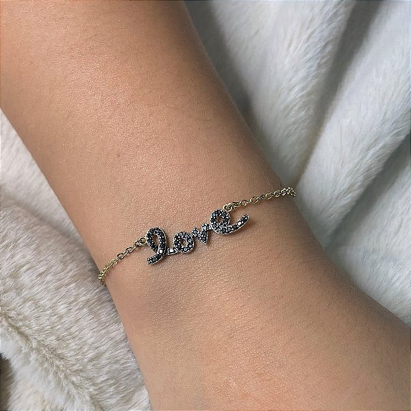 Pulseira Love Cravejado Preto Folheado a Ouro 18K