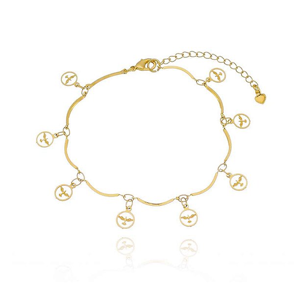 Pulseira Palitinhos Pingentes Redondo Es Folheado a Ouro 18K