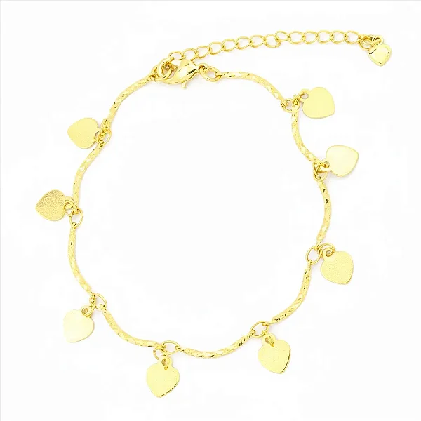 Pulseira Palitinhos Torcidos Pingentes Coração Placa Folheado a Ouro 18K