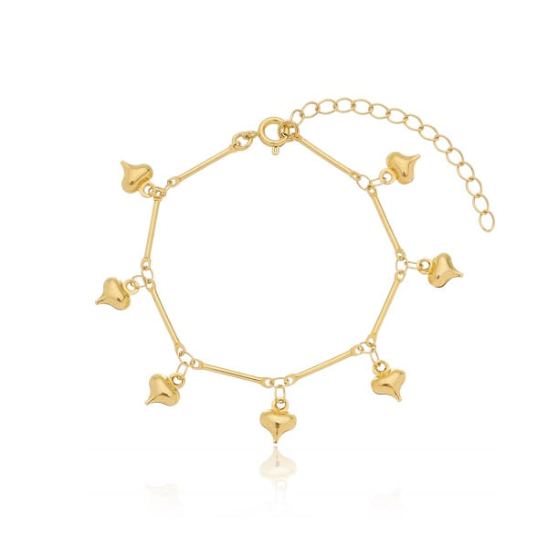 Pulseira Palito Pingente Corações Folheado a Ouro 18K