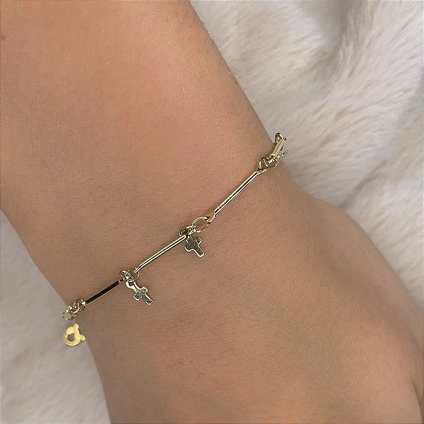 Pulseira Palitos Pingentes Cruz Folheado a Ouro 18K