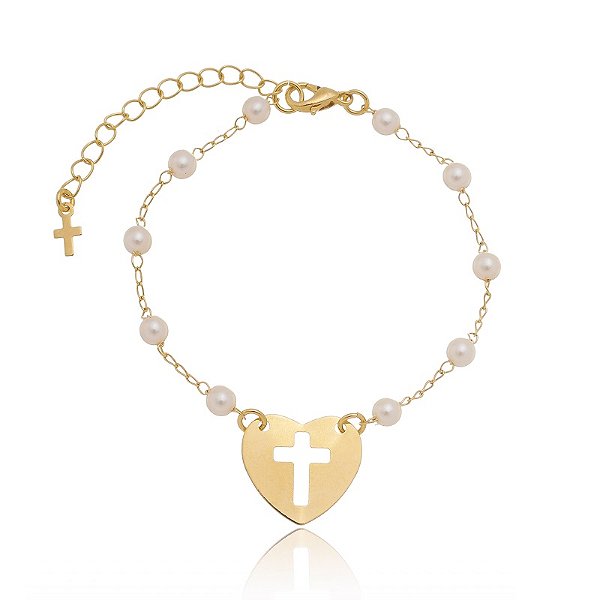 Pulseira Pérolas Pingente Coração Cruz Vazado Folheado a Ouro 18K