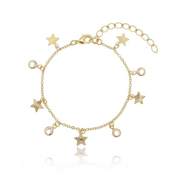 Pulseira Pingentes Estrelas E Ponto De Luz Folheado a Ouro 18K