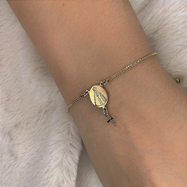 Pulseira Veneziano Nossa Senhora Aparecida Oval Pingente Cruz Folheado a Ouro 18K