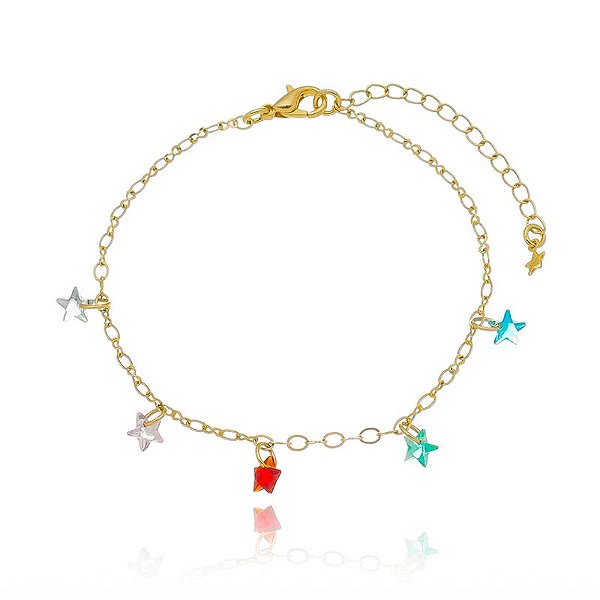 Pulseira Zircônia Estrelinhas Coloridas Folheado a Ouro 18K