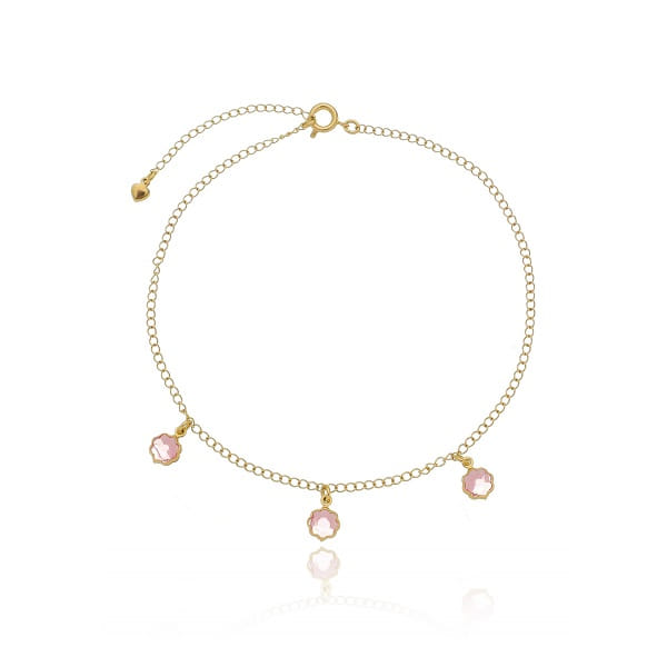 Tornozeleira 3 Pingentes Florzinha Zircônia Rosa Folheado a Ouro 18K
