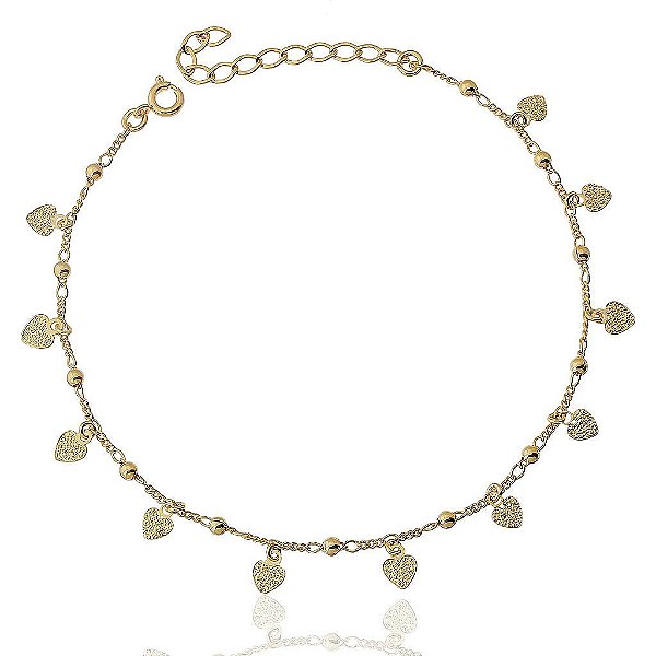 Tornozeleira Bolinhas E Corações Granitados Pendurados Folheado a Ouro 18K