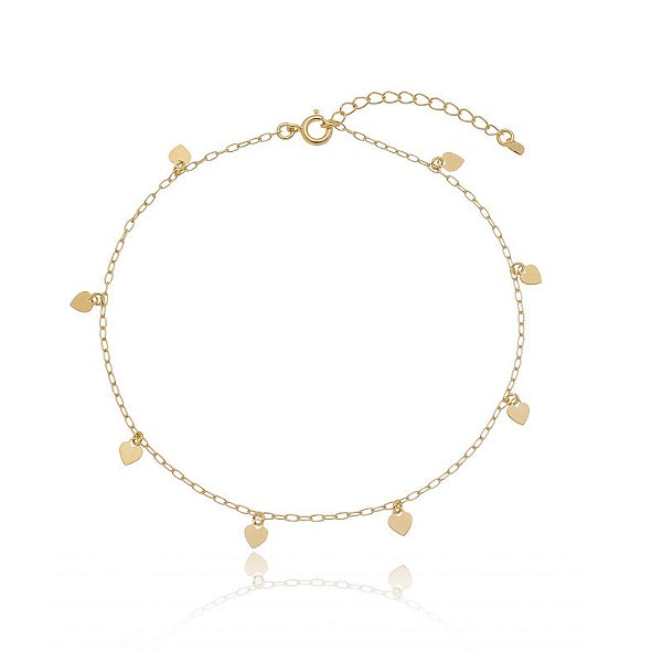 Tornozeleira Cartier Pingentes Corações Chapa Folheado a Ouro 18K