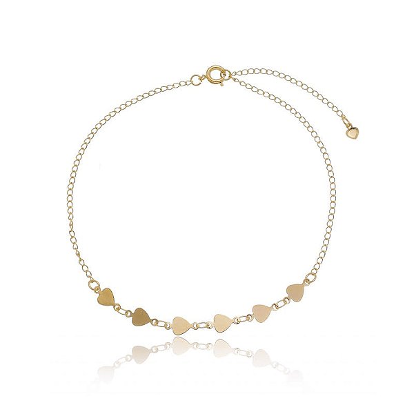 Tornozeleira Correntinha 6 Corações Lisos Laterais Folheado a Ouro 18K