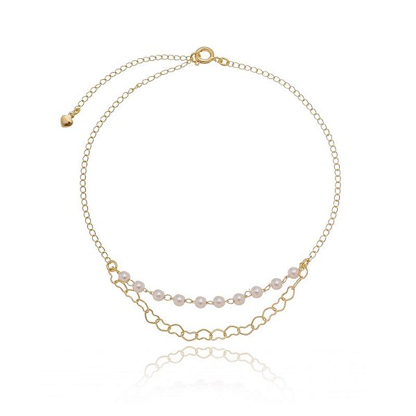 Tornozeleira Correntinha Elo Pérolas E Coração Folheado a Ouro 18K