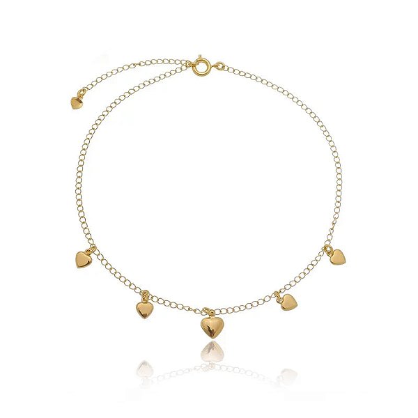 Tornozeleira Correntinha Pingentes Coração Liso Folheado a Ouro 18K