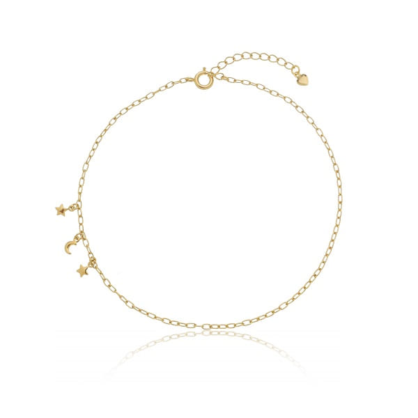 Tornozeleira Elo Cartier Pingentes Estrela E Lua Folheado a Ouro 18K