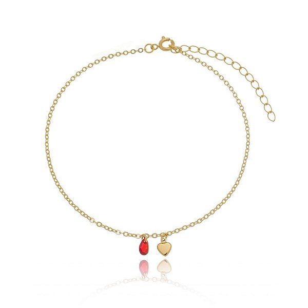 Tornozeleira Pingente Coração E Gota Vermelh Folheado a Ouro 18K