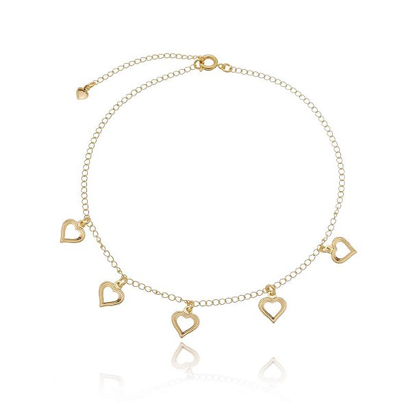 Tornozeleira Pingentes Corações Vazado Folheado a Ouro 18K