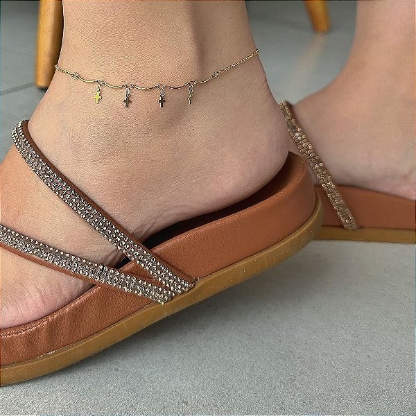 Tornozeleira Pingentes Cruzes Folheado a Ouro 18K