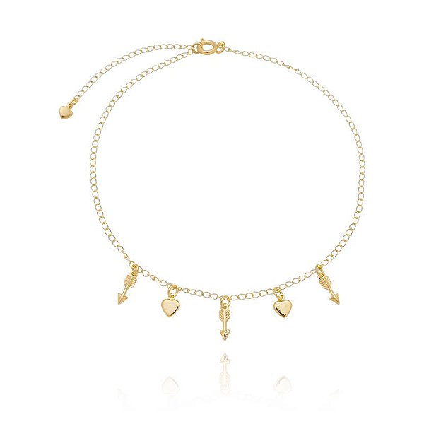 Tornozeleira Seta E Coração Folheado a Ouro 18K