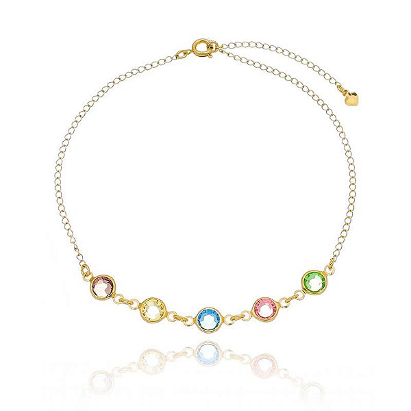 Tornozeleira Tiffany 5 Zircônias Coloridas Folheado a Ouro 18K