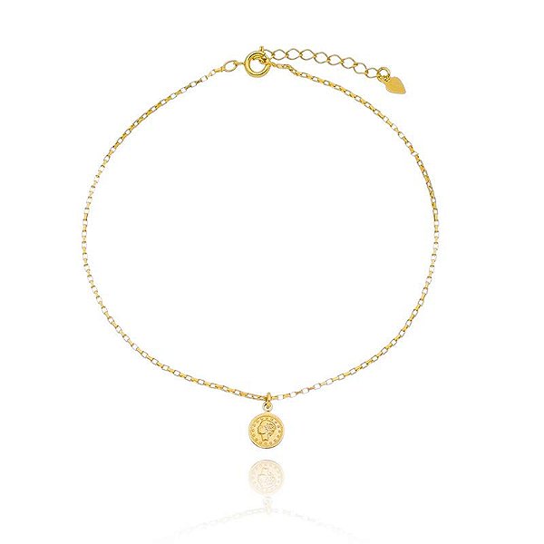 Tornozeleira Veneziano Pingente Moeda Folheado a Ouro 18K