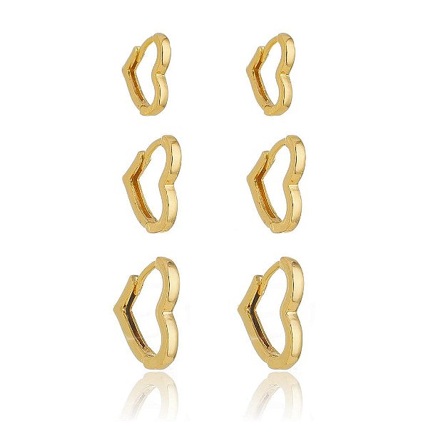 Trio De Argolas Coração Liso Folheado a Ouro 18K