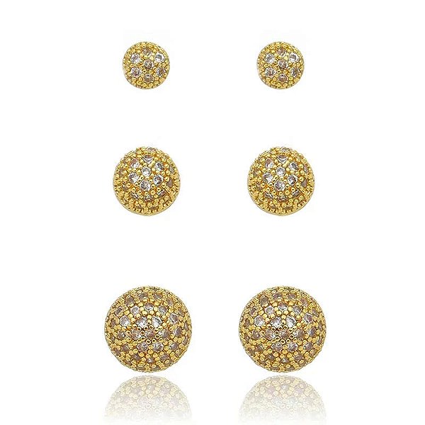 Trio De Bolas Cravejados Folheado a Ouro 18K