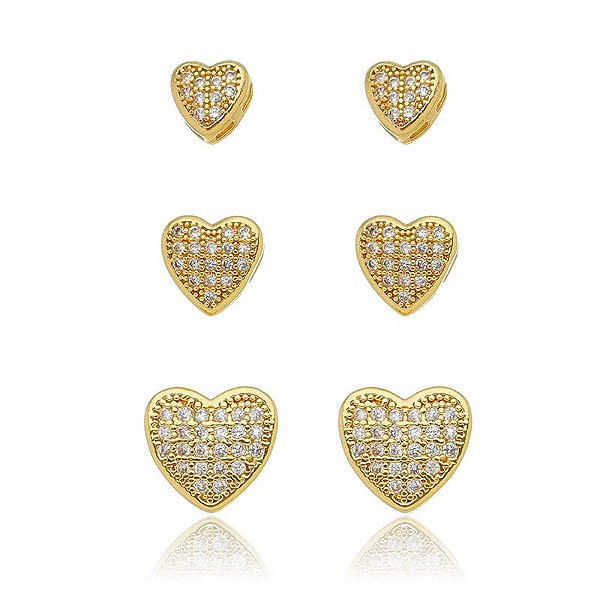Trio De Brincos De Coração Cravejado Grandes Folheado a Ouro 18K