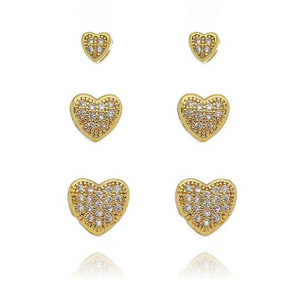 Trio De Brincos De Coração Cravejado Pequenos Folheado a Ouro 18K