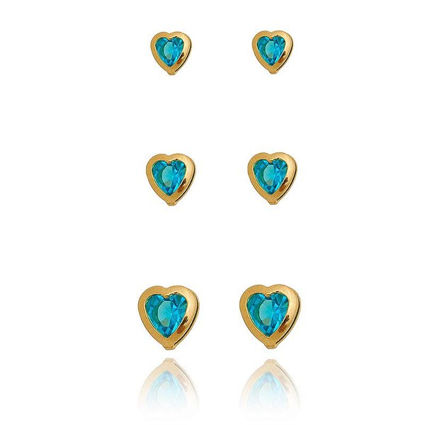 Trio Coração Azul Borda Folheado a Ouro 18K