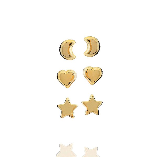 Trio Coração Lua E Estrela Folheado a Ouro 18K
