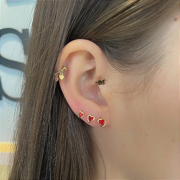Trio Coração Vermelho Borda Folheado a Ouro 18K