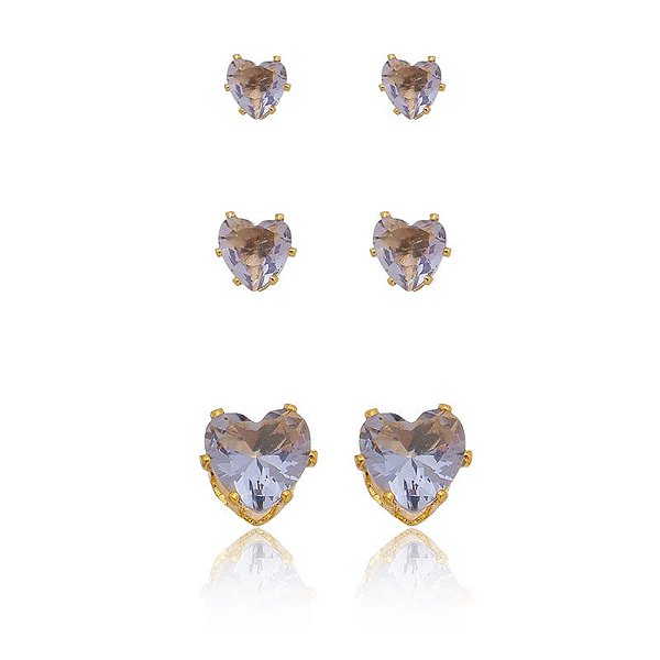 Trio Coração Zircônia Lilás Folheado a Ouro 18K