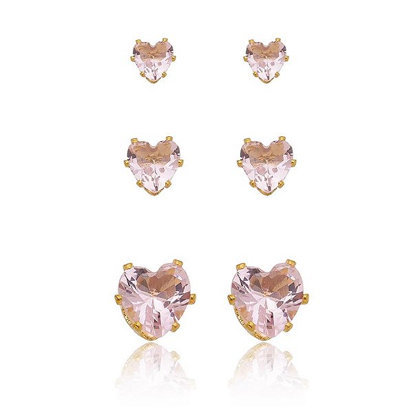 Trio Coração Zircônia Rosa Folheado a Ouro 18K