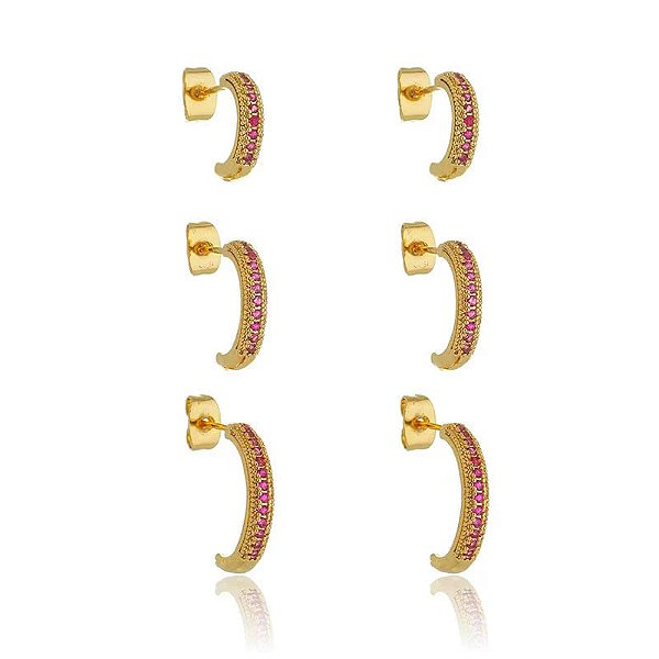 Trio De Argolas Abertas Cravejados Zircônia Rosa Folheado a Ouro 18K