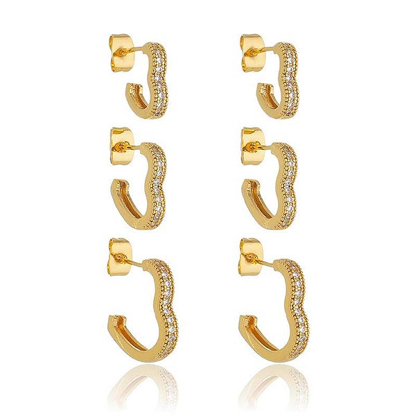 Trio De Argolas Coração Abertas Cravejados Cristal Folheado a Ouro 18K