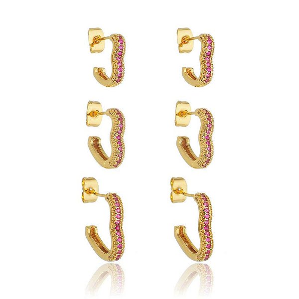 Trio De Argolas Coração Abertas Cravejados Zircônia Rosa Folheado a Ouro 18K