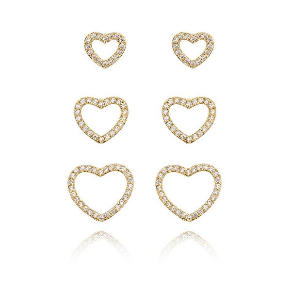 Trio De Coração Vazado Cravejado Folheado a Ouro 18K